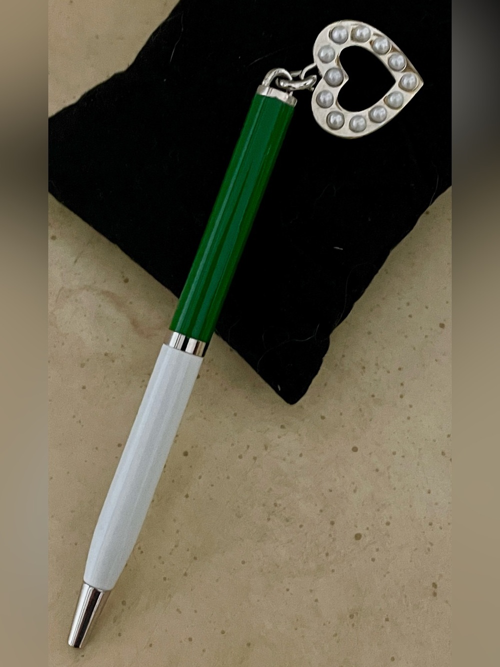 Coach Two Tone Green and White Heart Charm & Pen